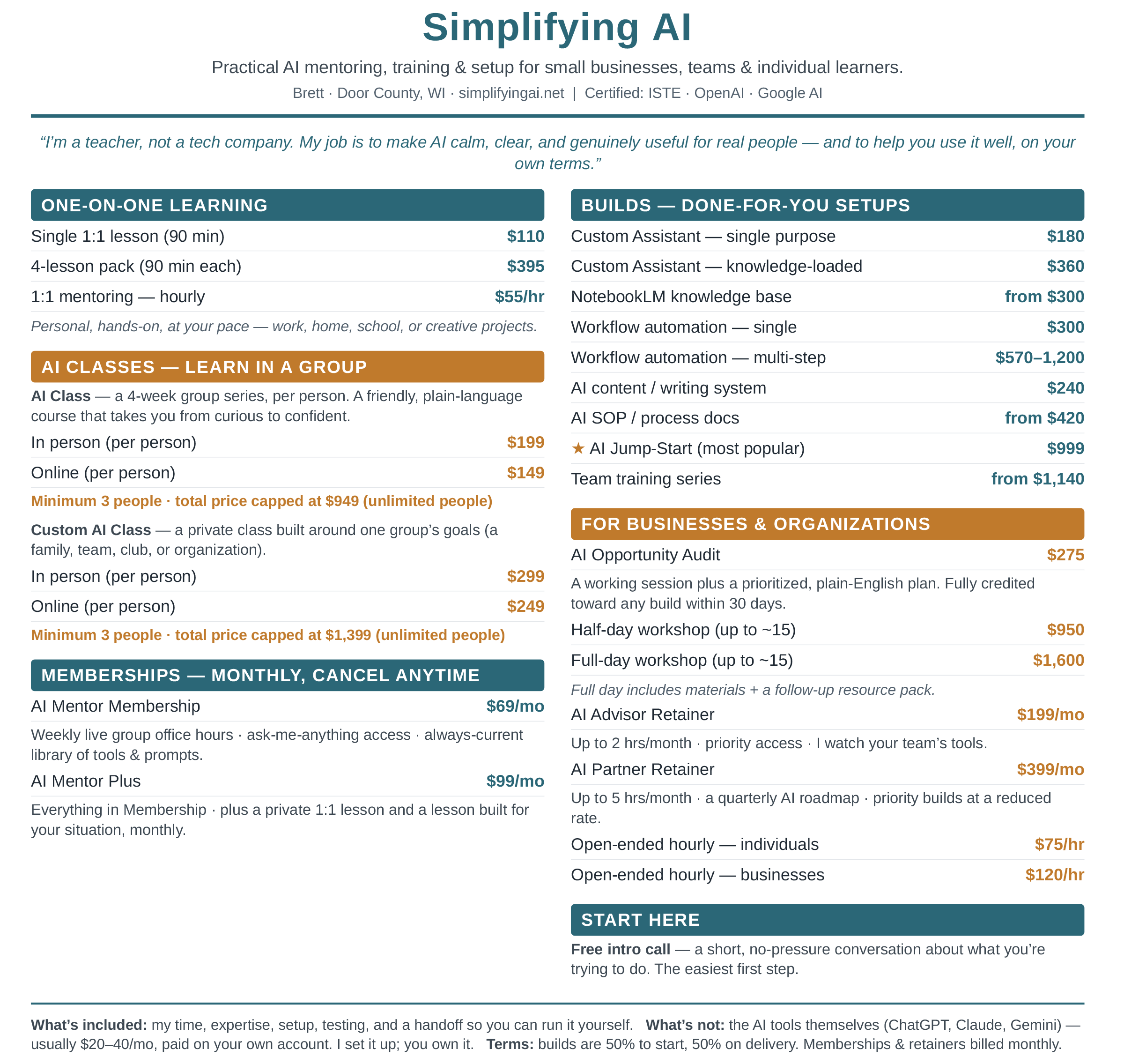 Simplifying AI pricing guide: one-on-one learning, AI classes, memberships, done-for-you builds, and business packages